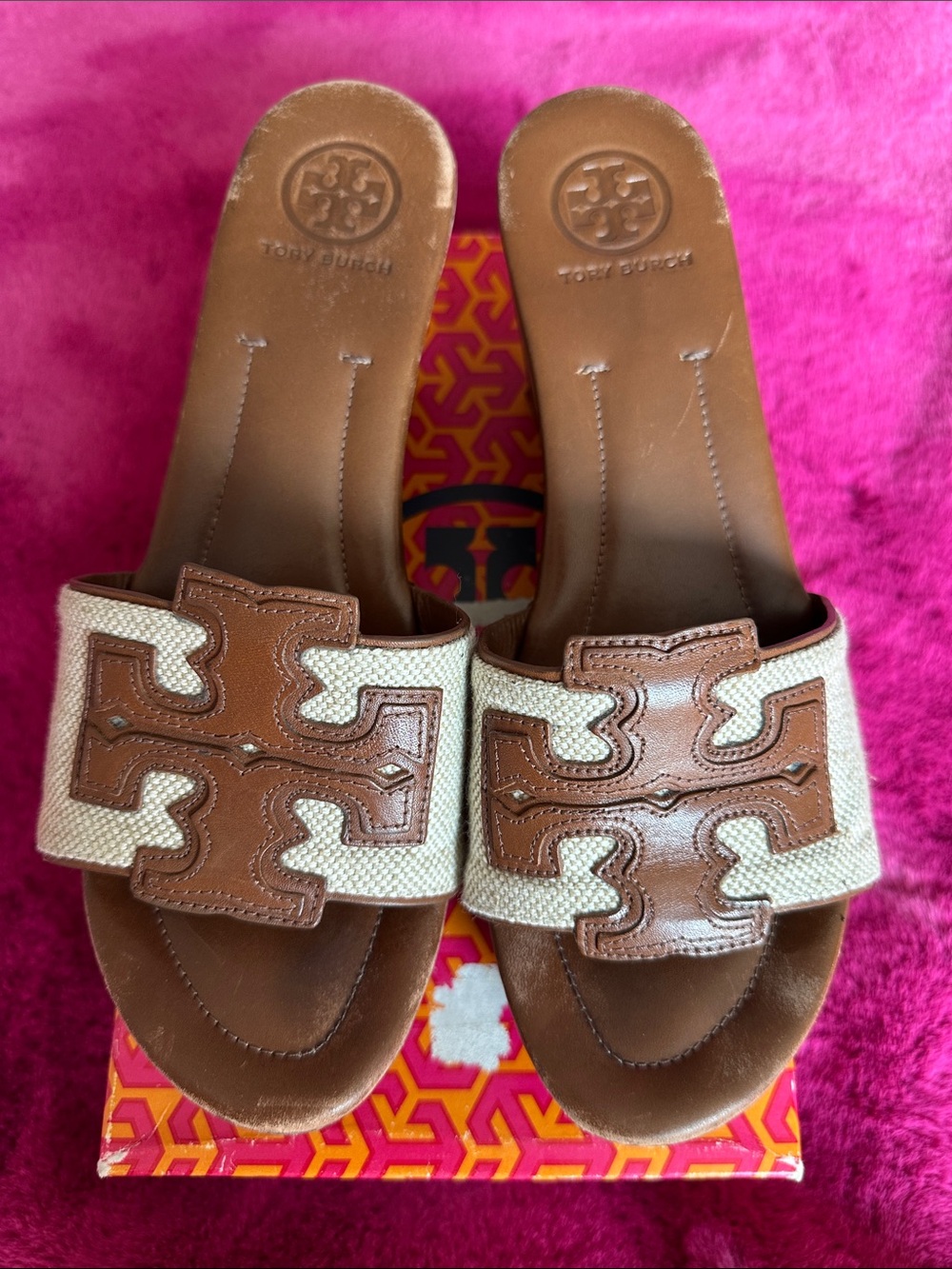 Tory Burch Brown & Cream Leather Slide Platform Sandels